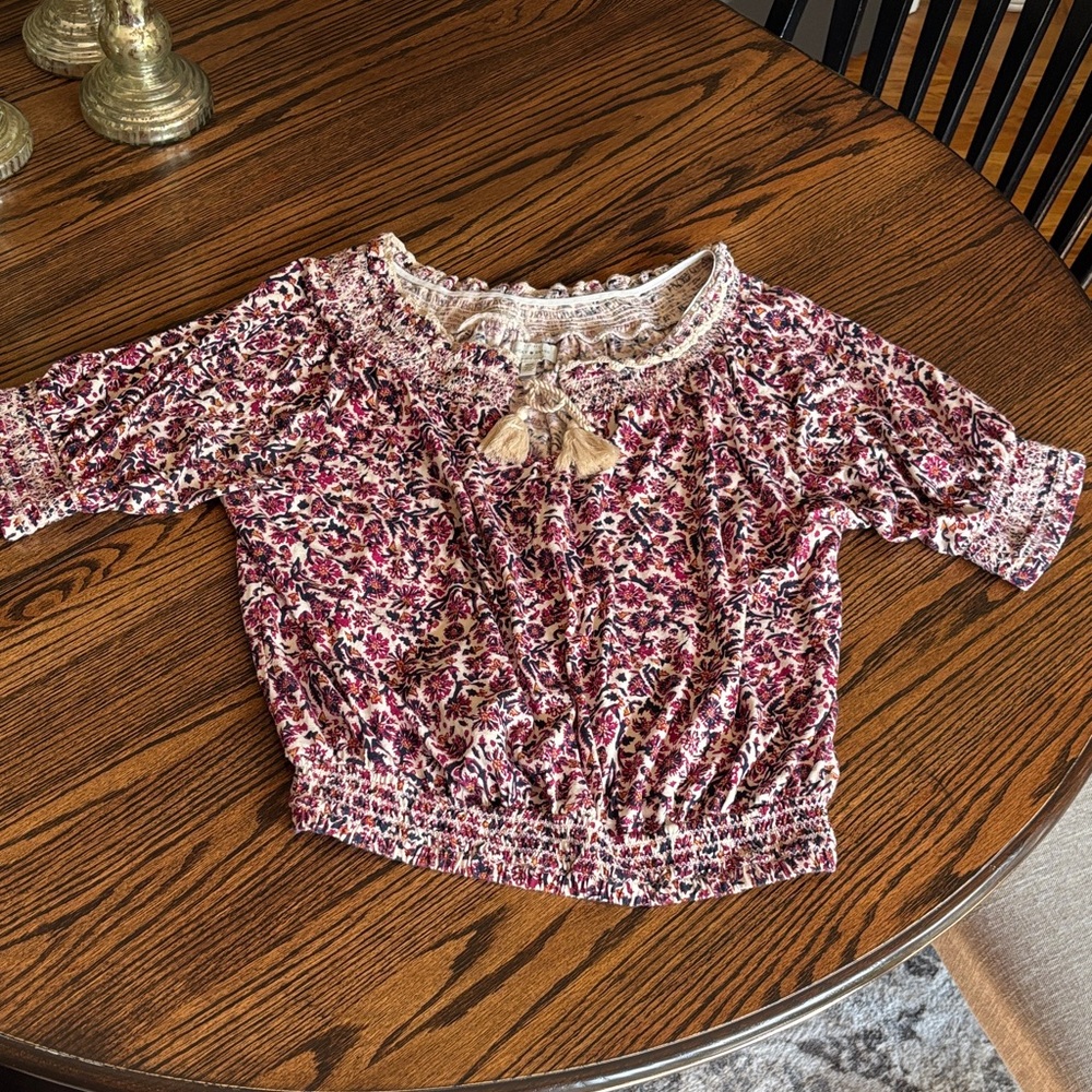 Lucky Brand Pink Floral Blouse with Tassels
